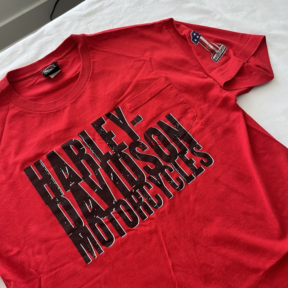 Authentic Harley‑Davidson Pocket Tee Y2K Red Men's XL Double Sided Raleigh NC